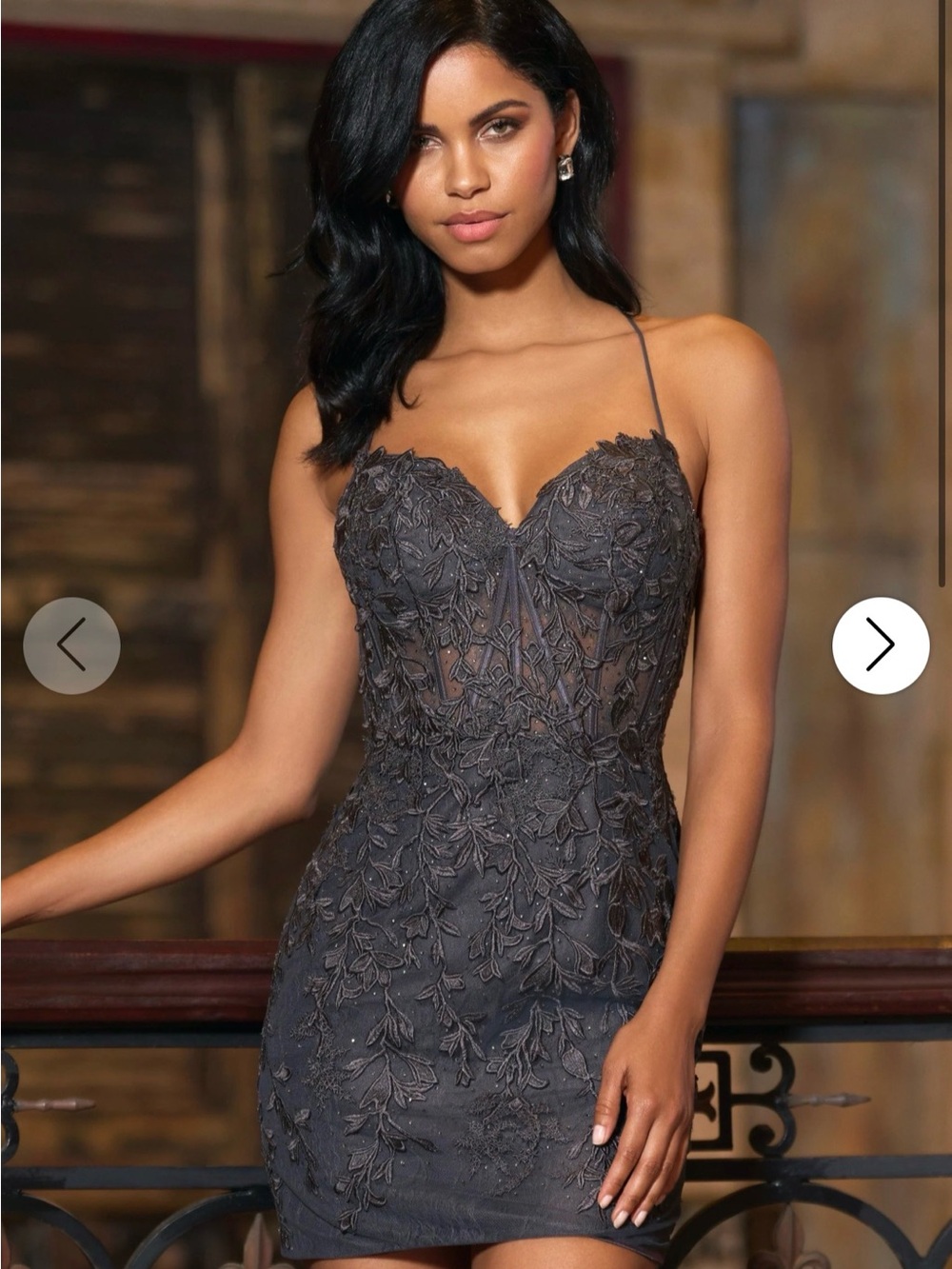Sherri Hill Charcoal Gray Lace Appliqué Mini Dress